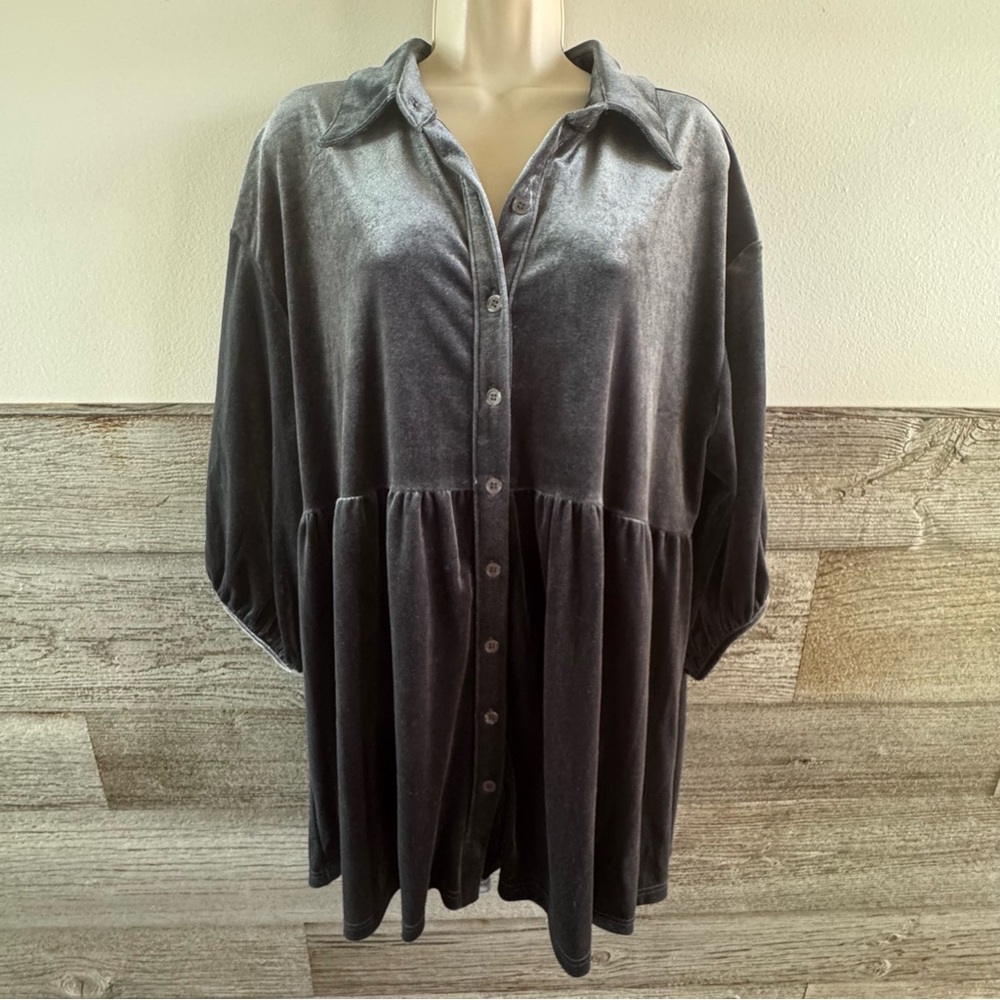 Velvet Dress 3/4 Sleeve Tunic Tops Casual Lapel Babydoll Mini Dress Size XL (R1)